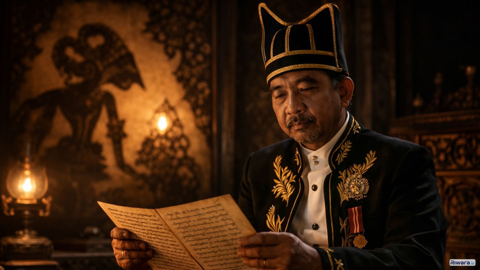 Seorang pria Jawa mengenakan busana adat membaca naskah kuno Serat Tripama di dalam ruang keraton, menggambarkan refleksi mendalam tentang kesetiaan, keberanian, dan dilema moral yang relevan dengan kondisi elite Indonesia masa kini.